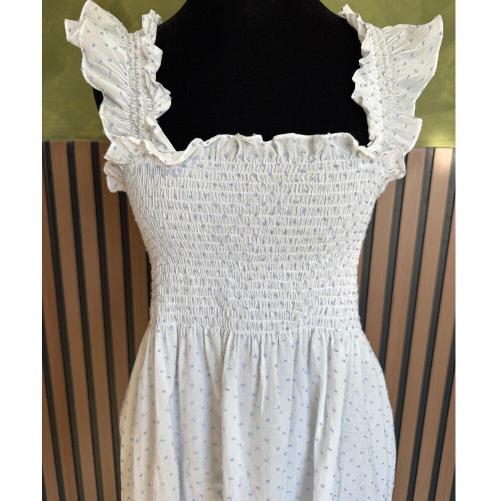 Hill House Ellie Nap Dress Blue Swiss Dot White Smocked Midi Size XS - Picture 4 of 10